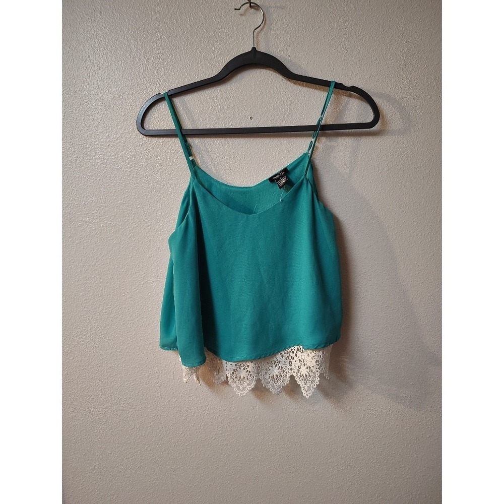 Rue21‎ Womens Teal Chiffon Camisole Top with White Lace Crochet Trim Size Small